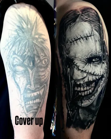 Cover-up z postacią z horroru — przed i po — Dima, Zajawa Tattoo Żary
