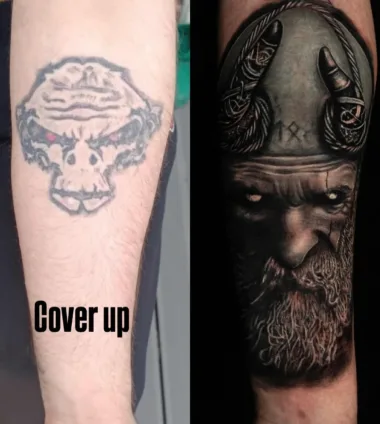 Cover-up z portretem wikinga — przed i po — Dima, Zajawa Tattoo Żary