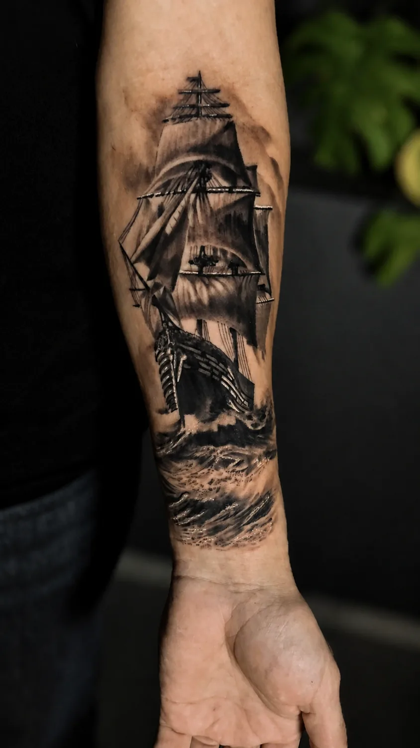 Tatuaż żaglowiec black and grey na przedramieniu - Zajawa Tattoo Żary