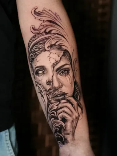 Tatuaż kobiecego portretu na ramieniu — Dima, Zajawa Tattoo Żary