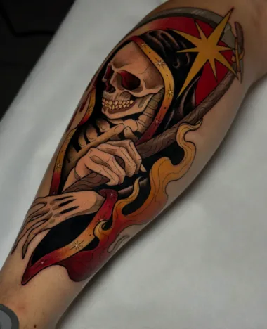 Kolorowy tatuaż czaszki w stylu neotradycyjnym — Polina, Zajawa Tattoo Żary